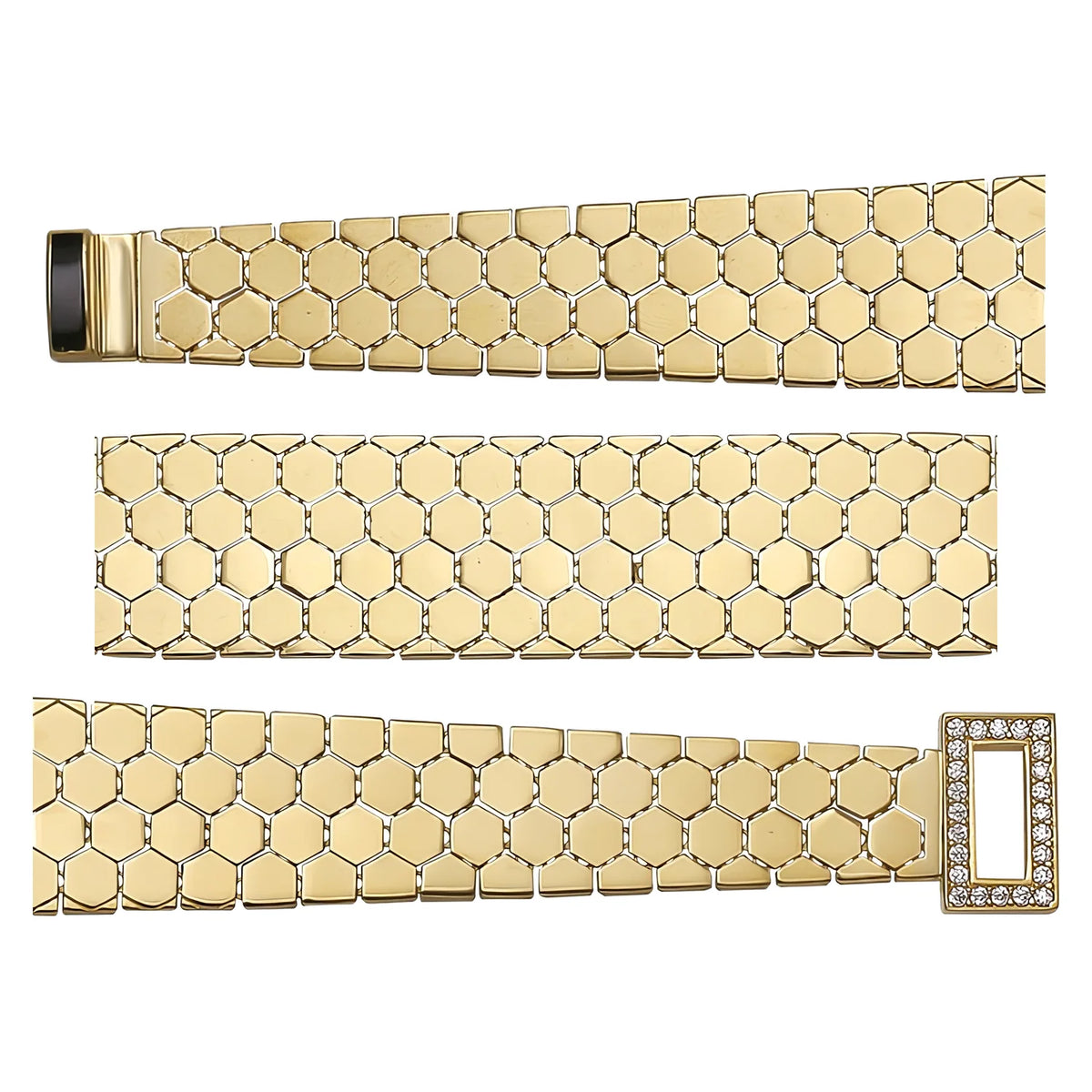 Solid gold honeycomb bracelet, 17.10 g — shown in three rows across the frame.