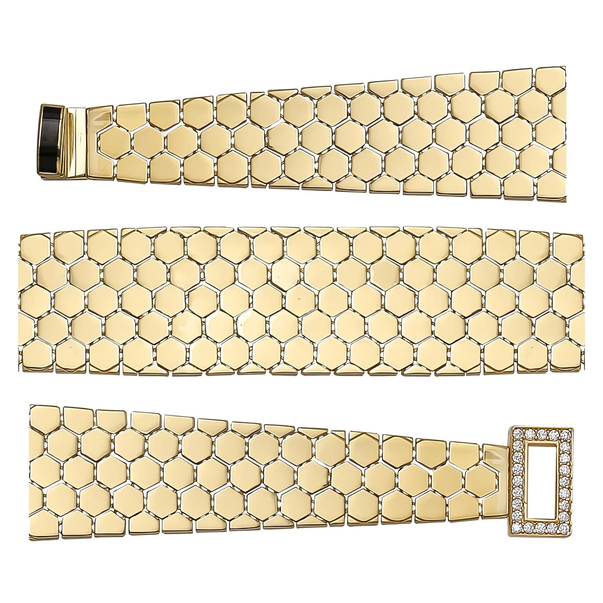 Solid gold honeycomb bracelet, 19.58 g — shown in three rows across the frame.