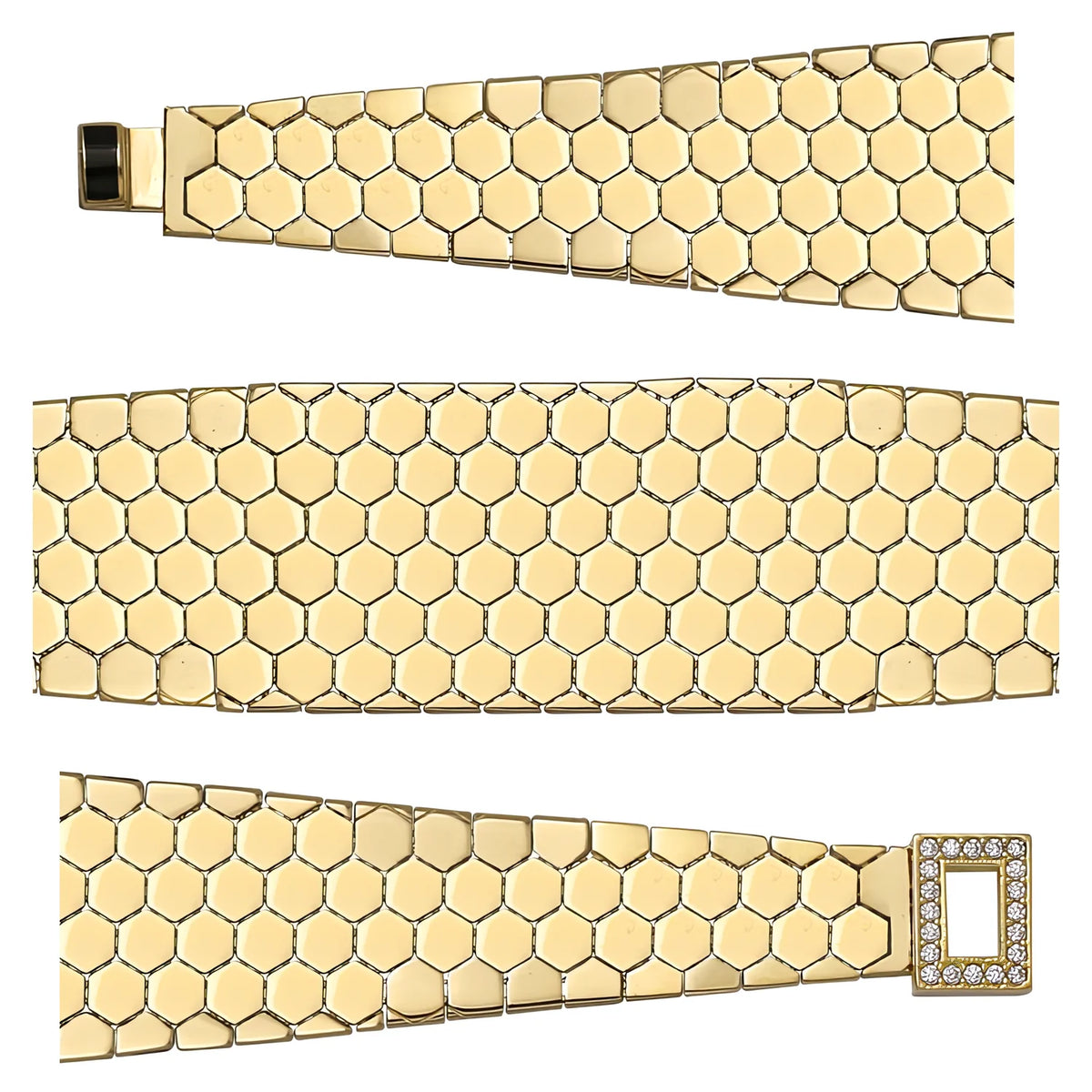 Solid gold honeycomb bracelet, 20.00 g — shown in three rows across the frame.