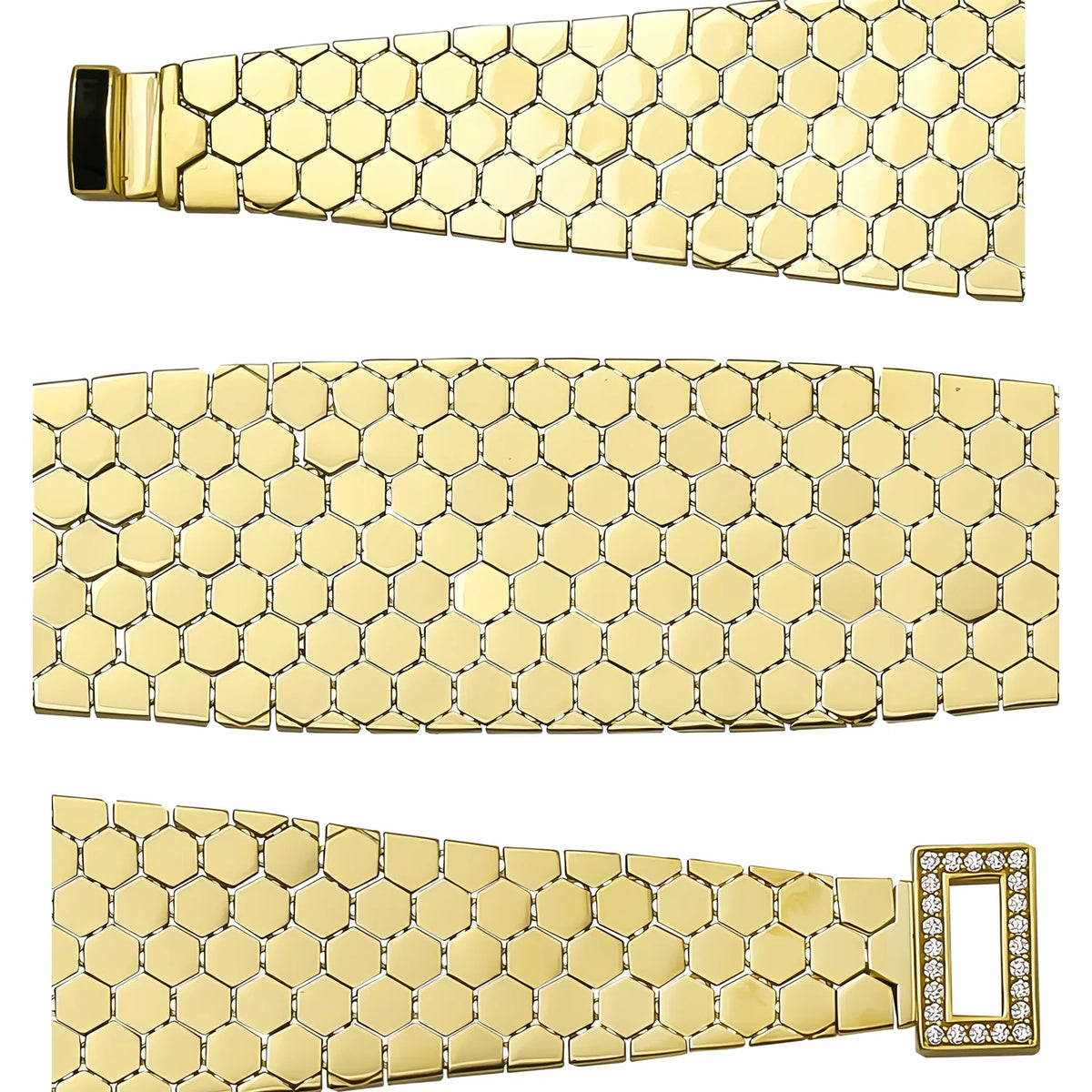 Solid gold honeycomb bracelet, 25.15 g — shown in three rows across the frame.
