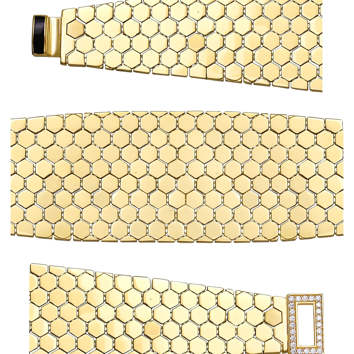 Solid gold honeycomb bracelet, 26.25 g — shown in three rows across the frame.
