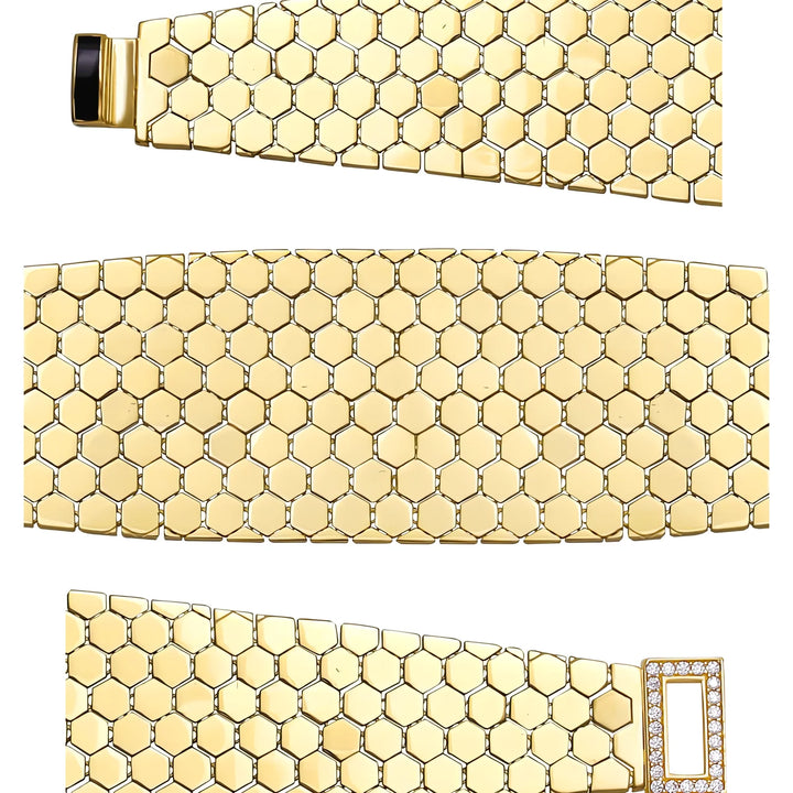 Solid gold honeycomb bracelet, 26.25 g — shown in three rows across the frame.
