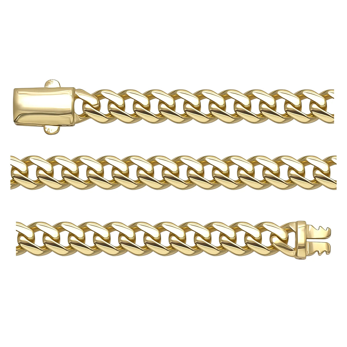 Solid gold curb bracelet, 10.16 g — shown in three rows across the frame.