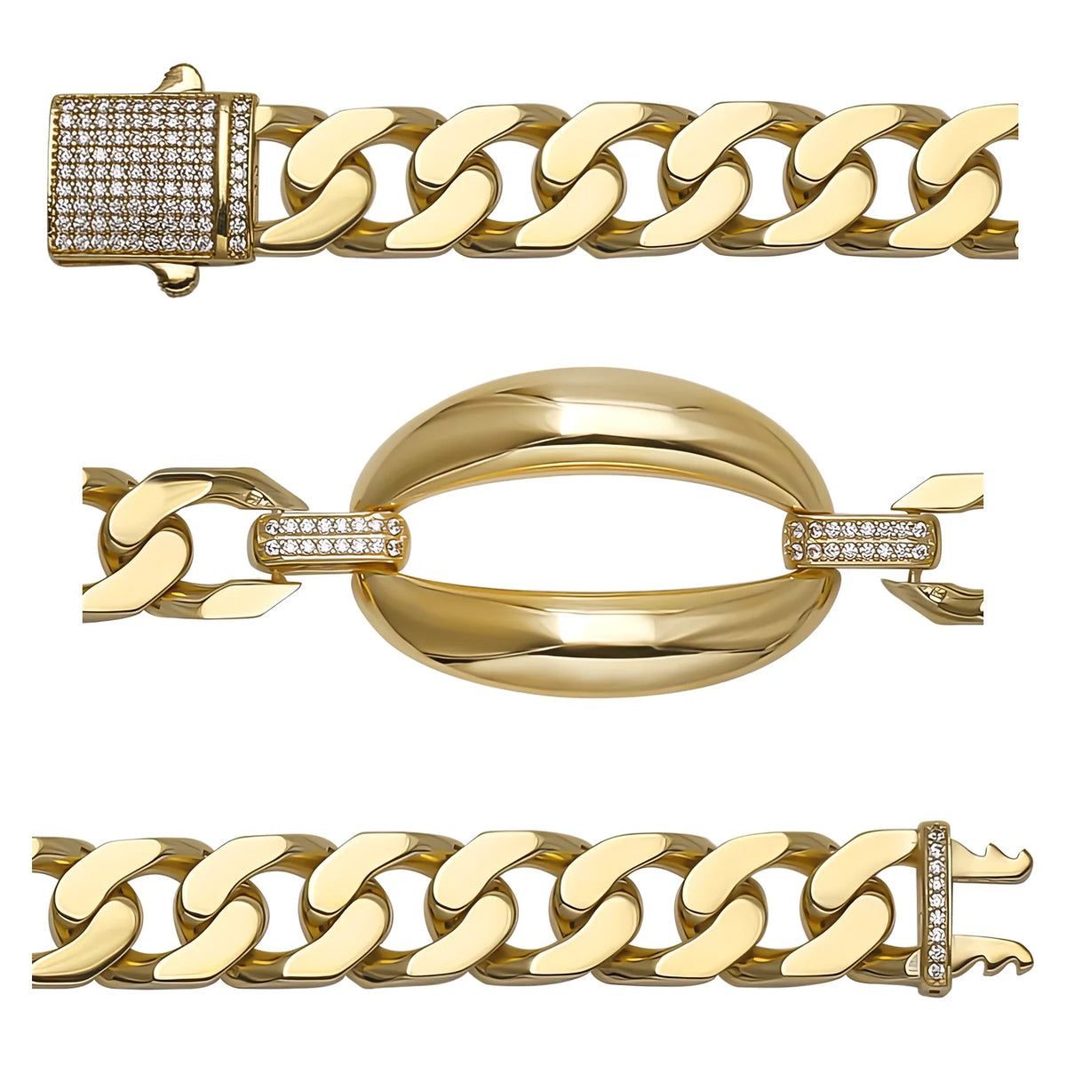 Solid gold curb bracelet, 17.00 g — shown in three rows across the frame.