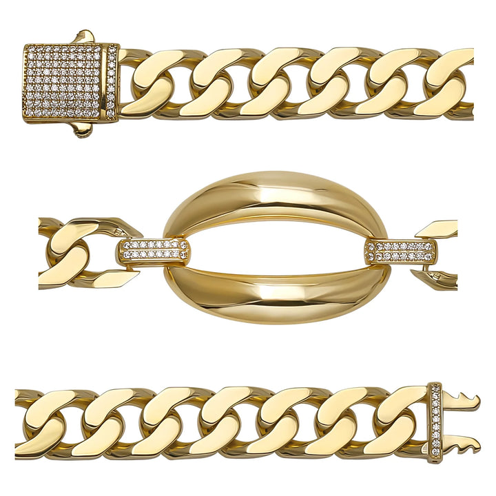 Solid gold curb bracelet, 17.00 g — shown in three rows across the frame.