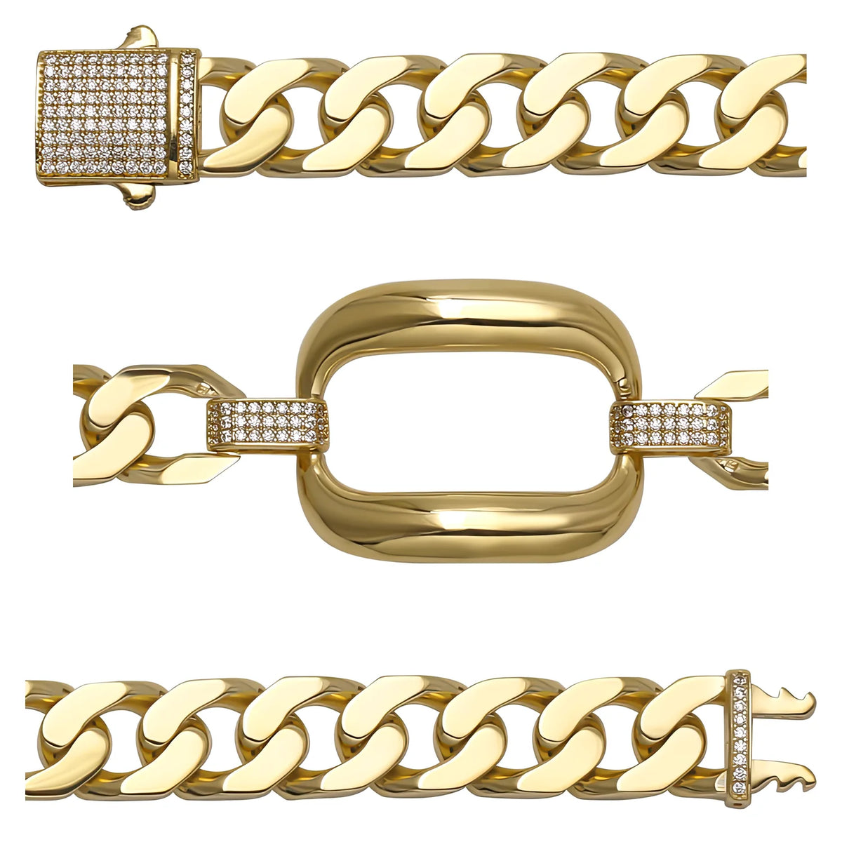 Solid gold curb bracelet, 21.69 g — shown in three rows across the frame.