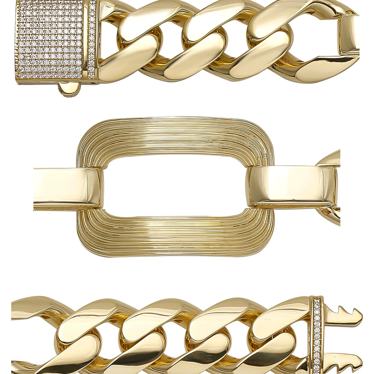 Solid gold curb bracelet, 35.22 g — shown in three rows across the frame.