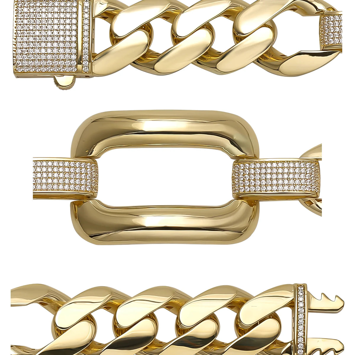 Solid gold curb bracelet, 35.85 g — shown in three rows across the frame.