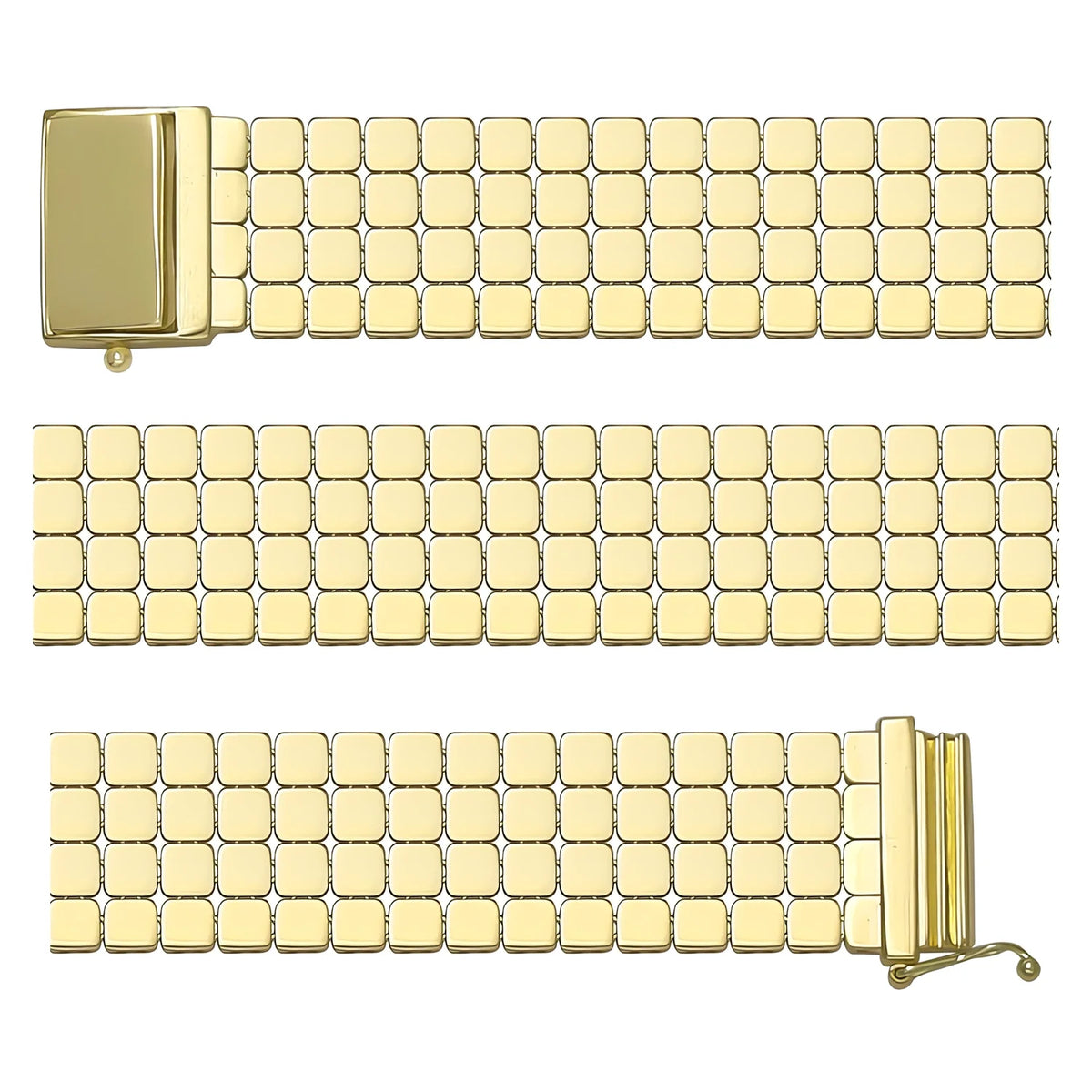 Solid gold brick link bracelet, 22.25 g — shown in three rows across the frame.