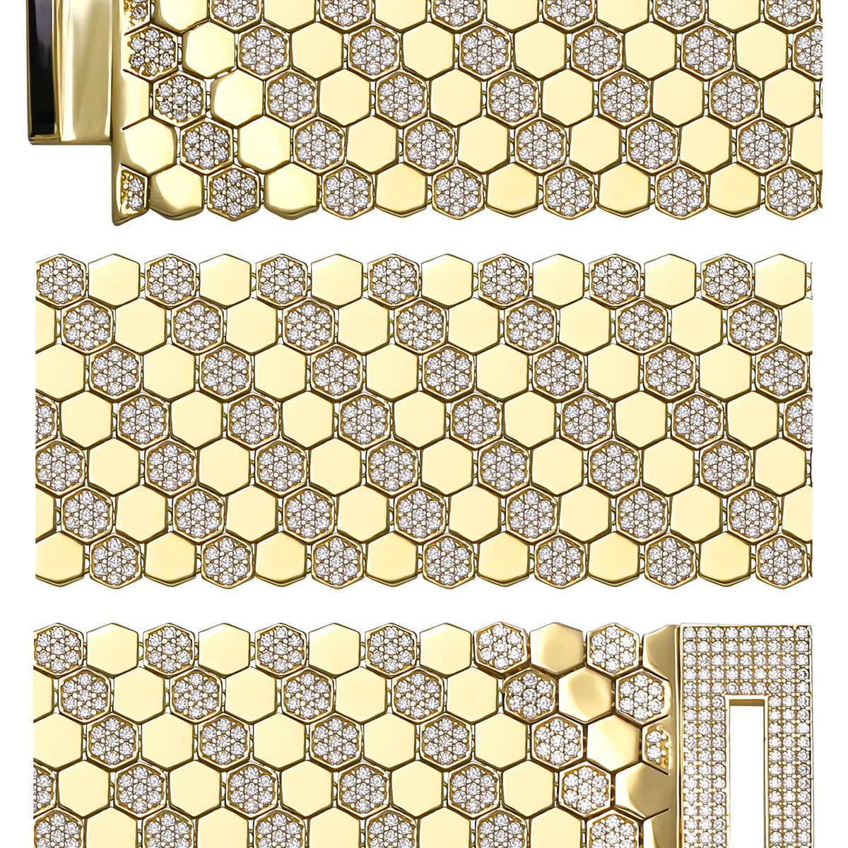 Solid gold honeycomb bracelet, 89.15 g — shown in three rows across the frame.