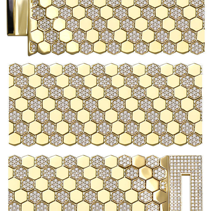 Solid gold honeycomb bracelet, 89.15 g — shown in three rows across the frame.