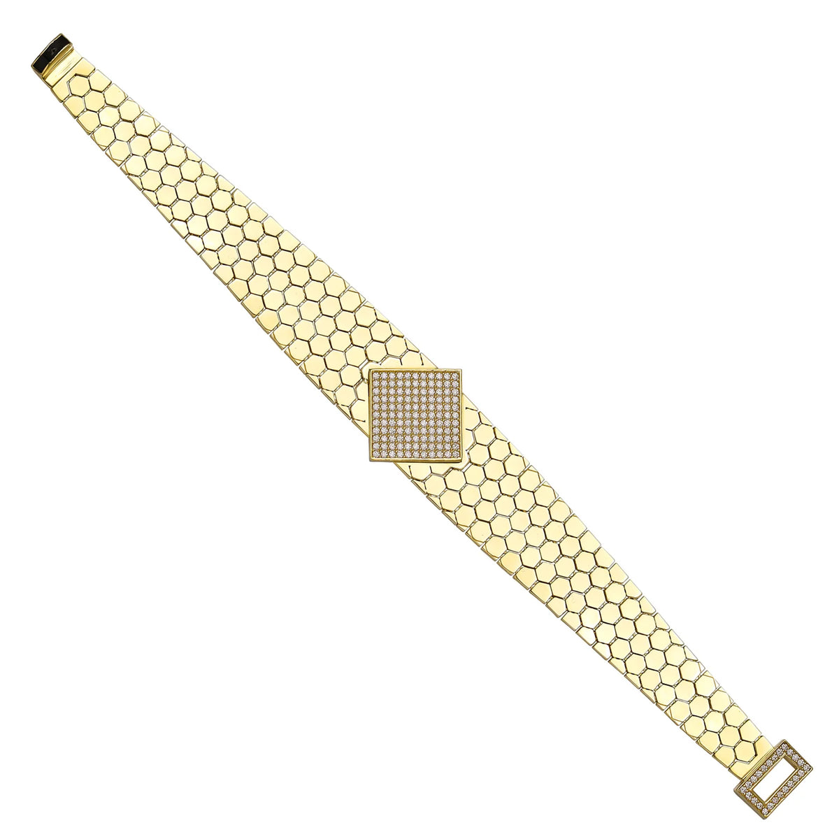 Solid gold honeycomb bracelet, 21.16 g — shown at an angle across the frame.