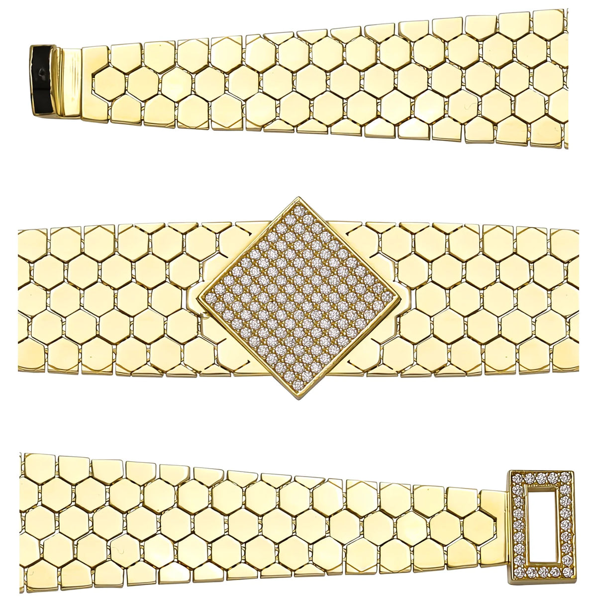 Solid gold honeycomb bracelet, 21.16 g — shown in three rows across the frame.