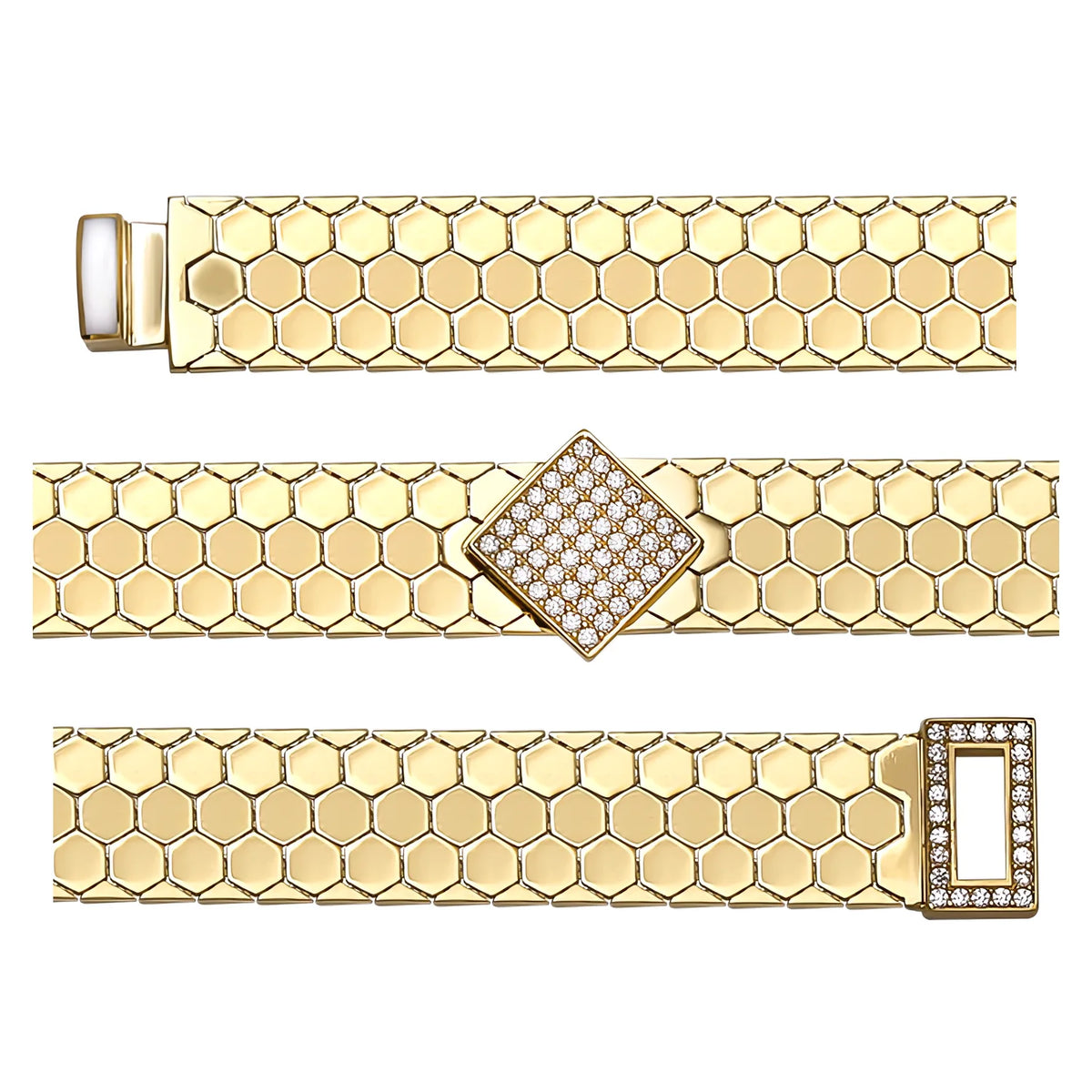 Solid gold honeycomb bracelet, 13.80 g — shown in three rows across the frame.