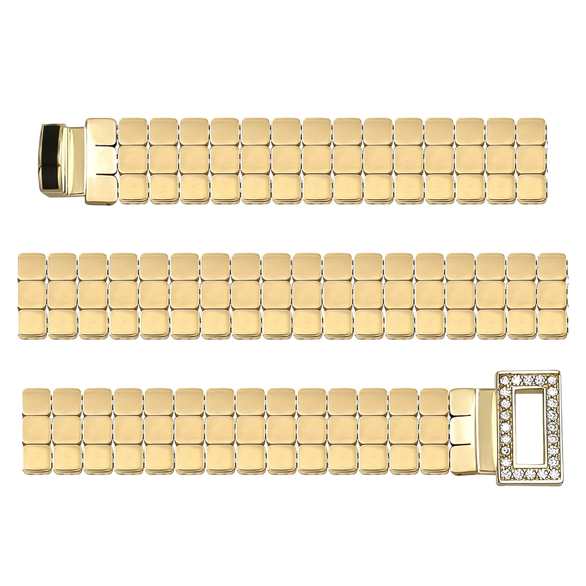 Solid gold brick link bracelet, 16.25 g — shown in three rows across the frame.
