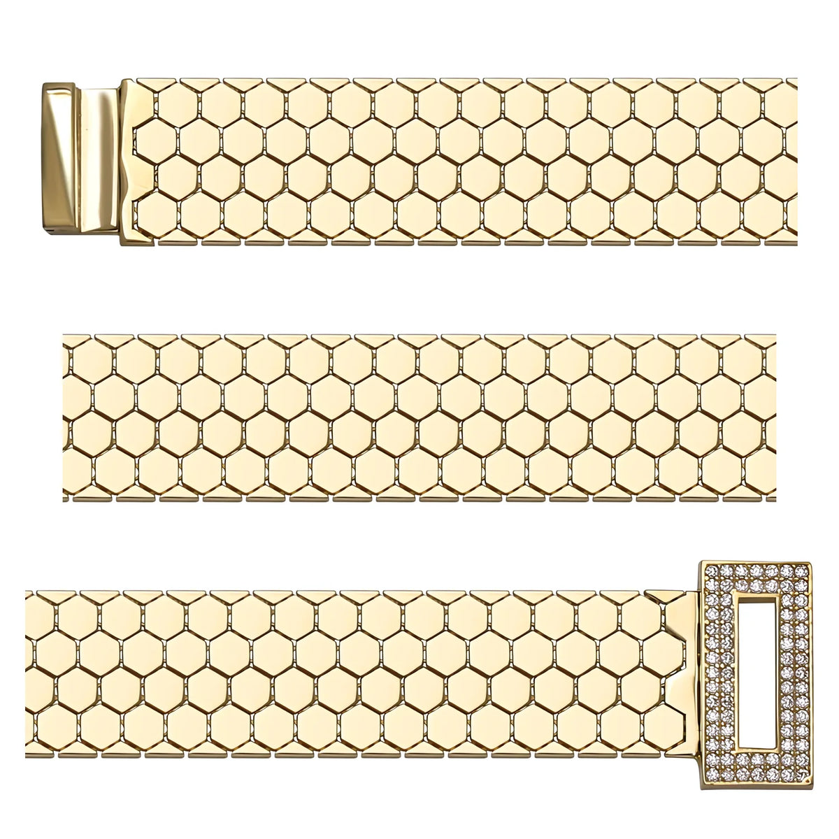 Solid gold honeycomb bracelet, 22.75 g — shown in three rows across the frame.