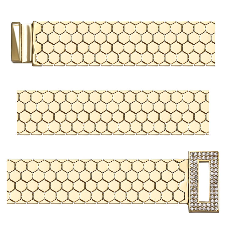Solid gold honeycomb bracelet, 22.75 g — shown in three rows across the frame.