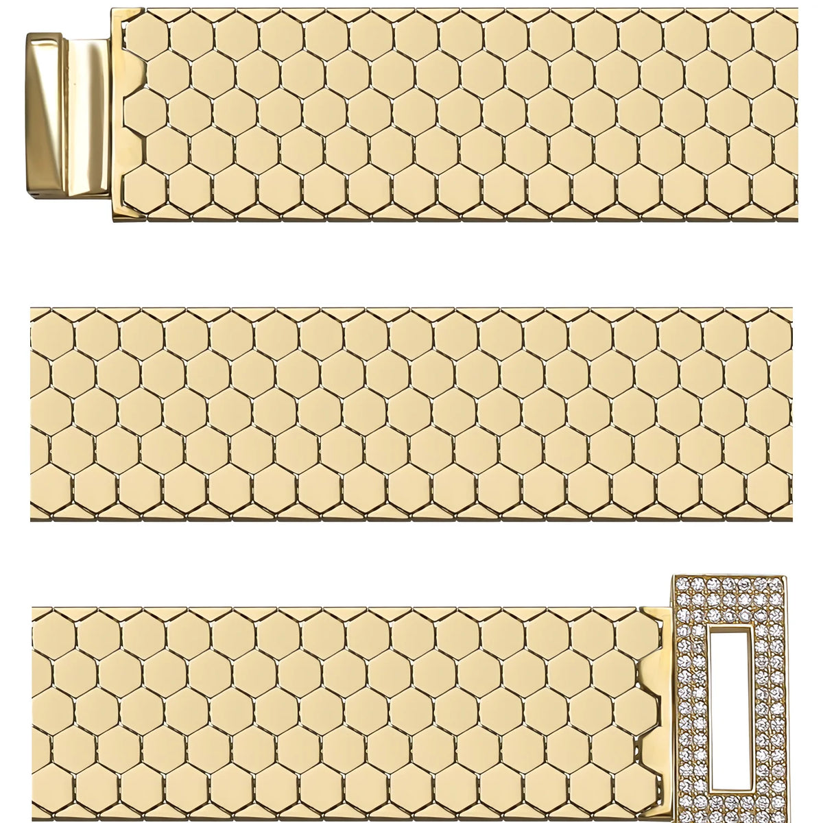Solid gold honeycomb bracelet, 24.10 g — shown in three rows across the frame.