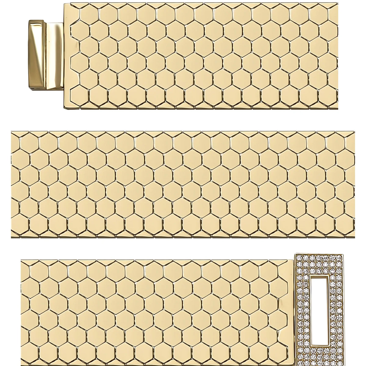 Solid gold honeycomb bracelet, 26.10 g — shown in three rows across the frame.