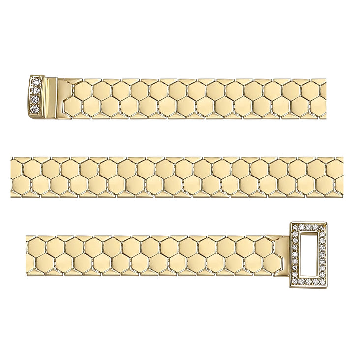 Solid gold honeycomb bracelet, 9.90 g — shown in three rows across the frame.