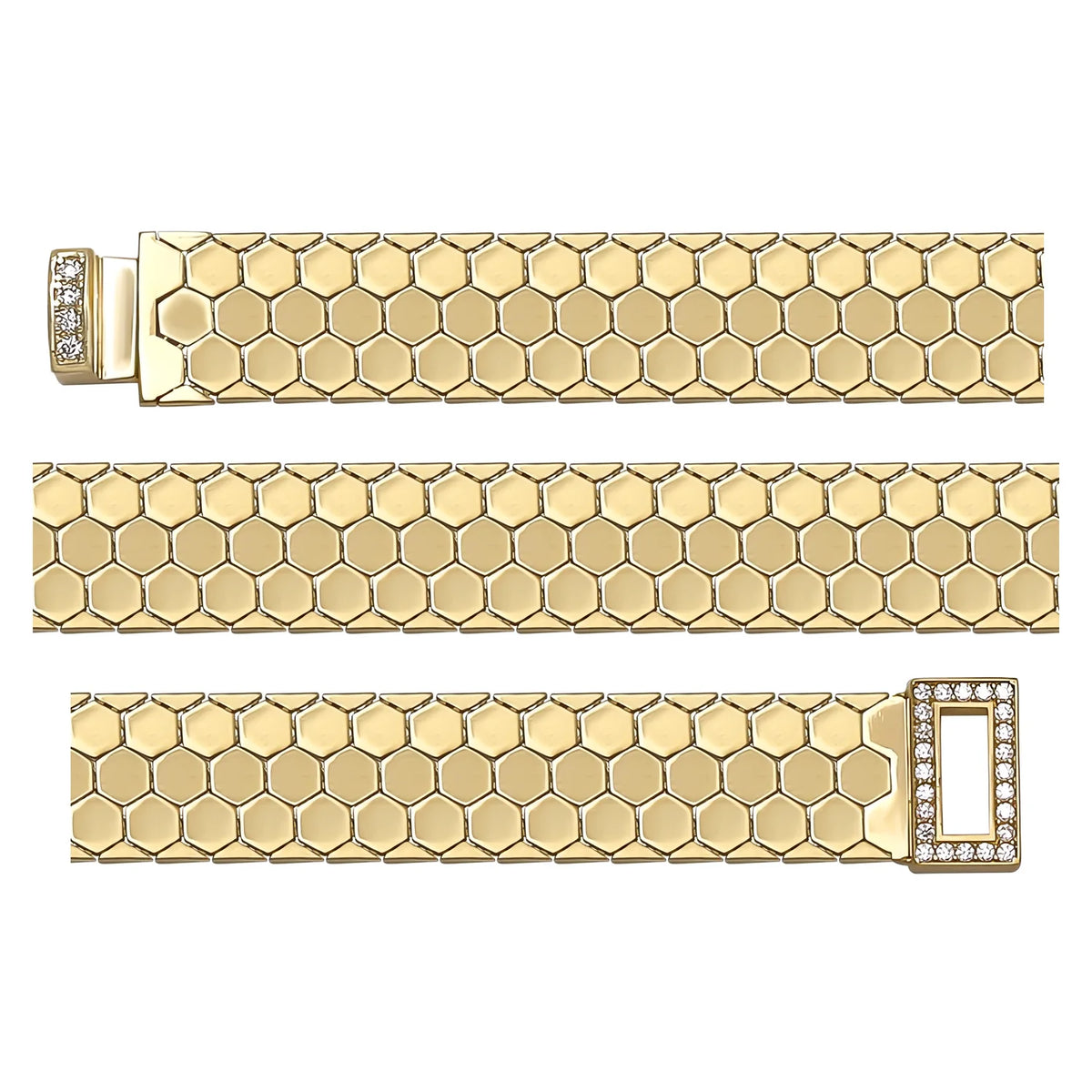 Solid gold honeycomb bracelet, 13.00 g — shown in three rows across the frame.