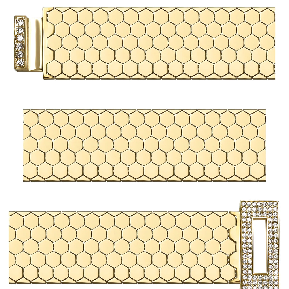 Solid gold honeycomb bracelet, 24.50 g — shown in three rows across the frame.