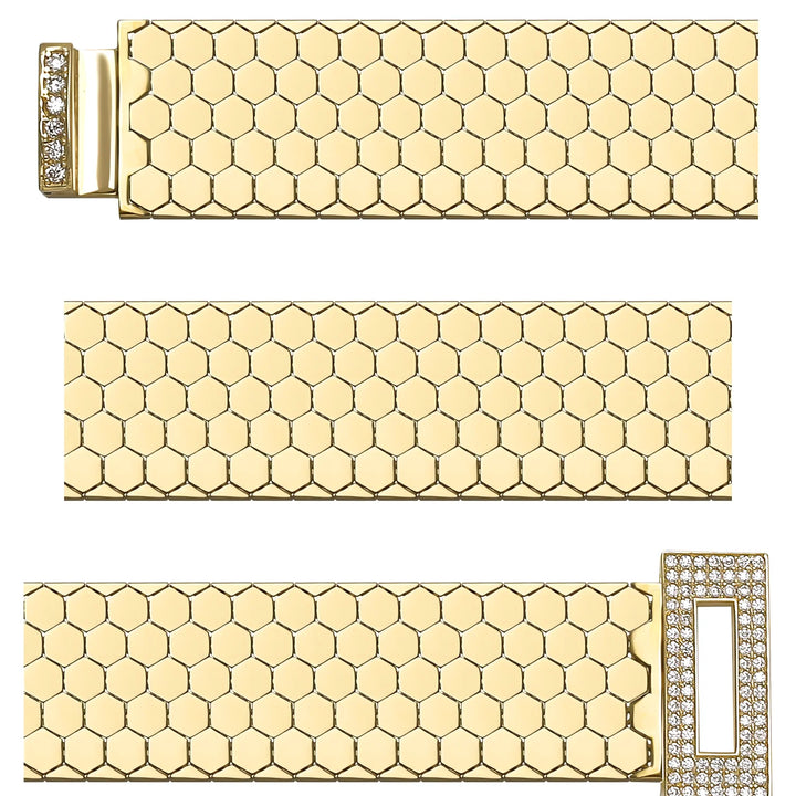 Solid gold honeycomb bracelet, 24.50 g — shown in three rows across the frame.