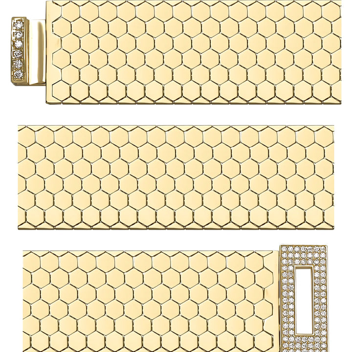 Solid gold honeycomb bracelet, 26.40 g — shown in three rows across the frame.