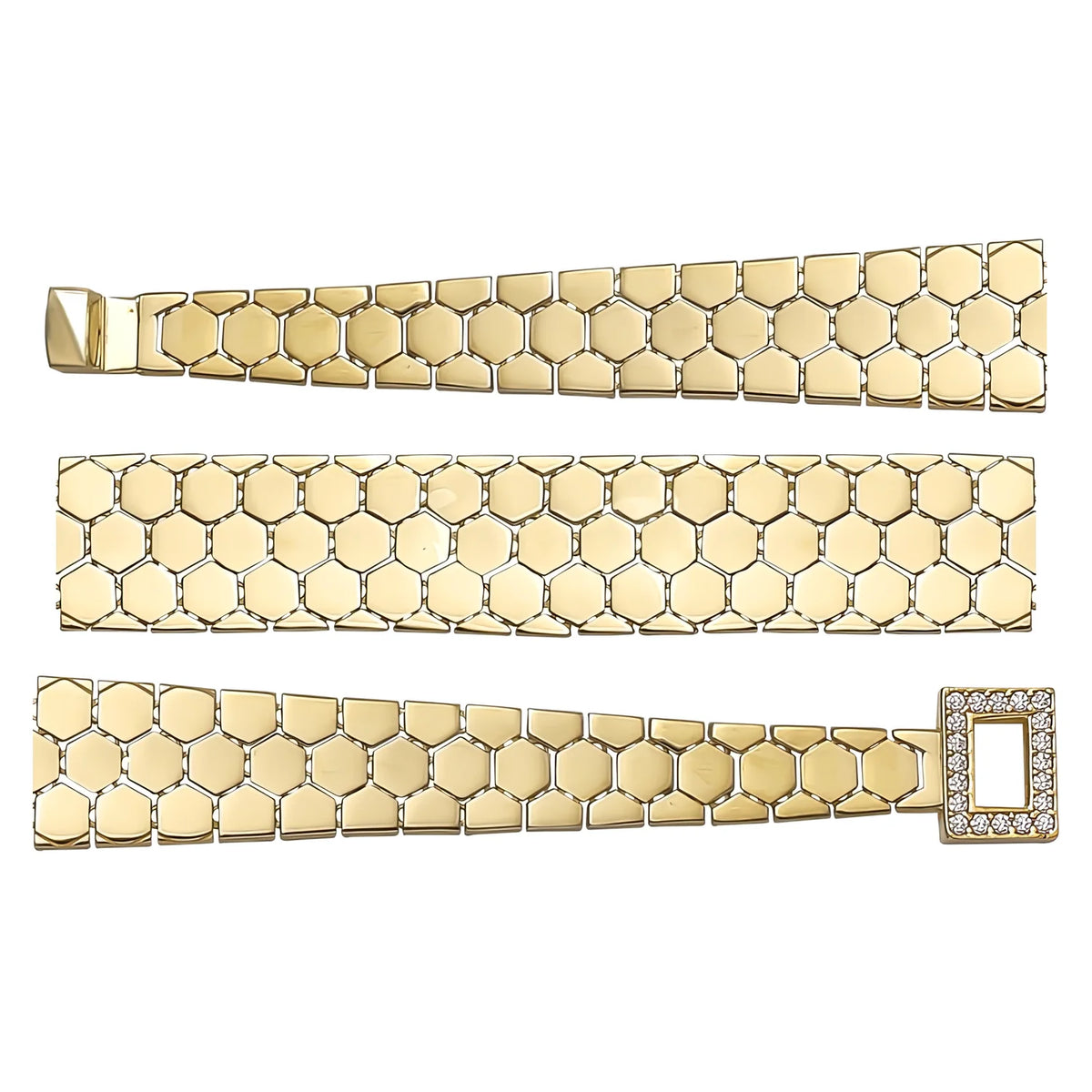 Solid gold honeycomb bracelet, 11.00 g — shown in three rows across the frame.
