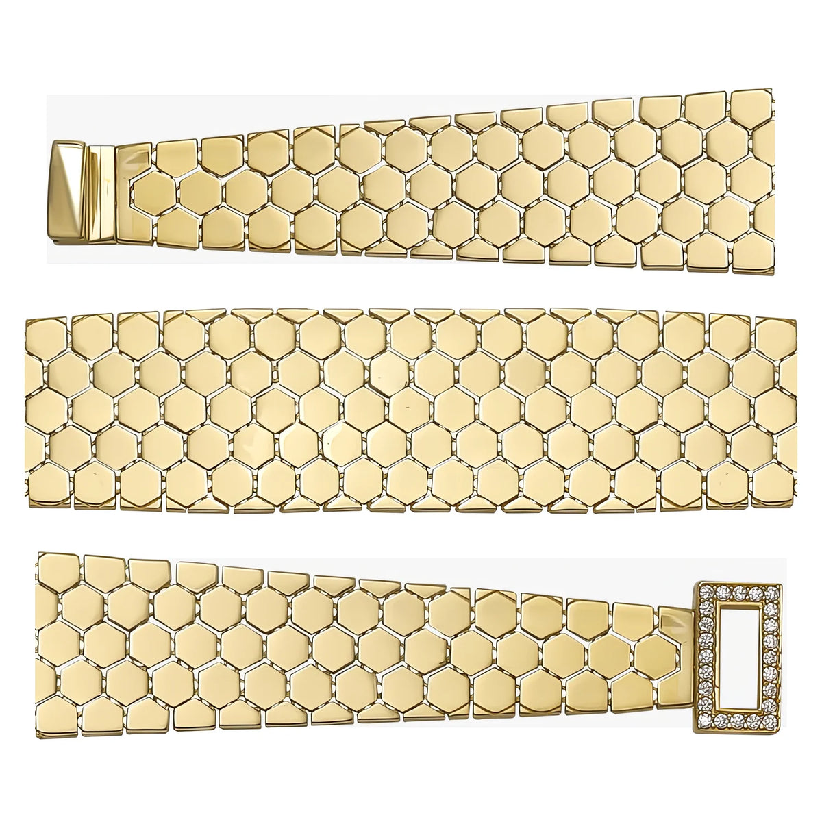 Solid gold honeycomb bracelet, 19.30 g — shown in three rows across the frame.