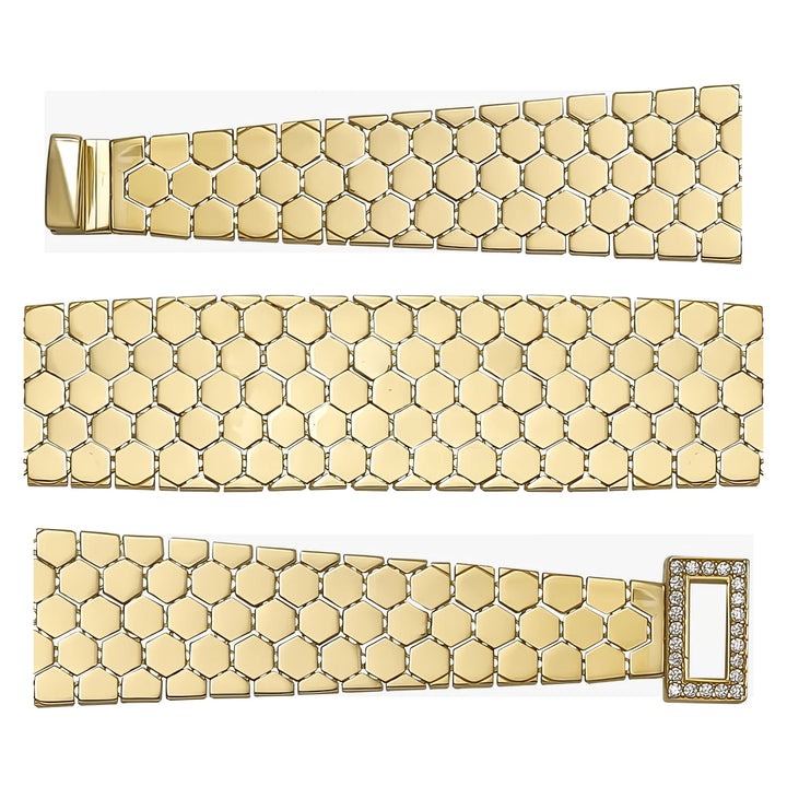Solid gold honeycomb bracelet, 19.30 g — shown in three rows across the frame.