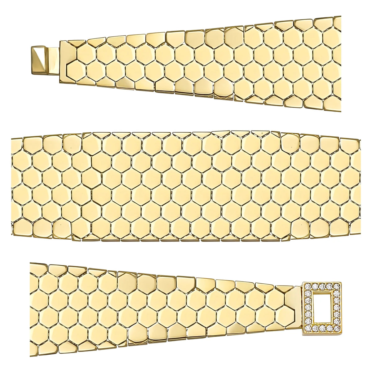 Solid gold honeycomb bracelet, 19.80 g — shown in three rows across the frame.
