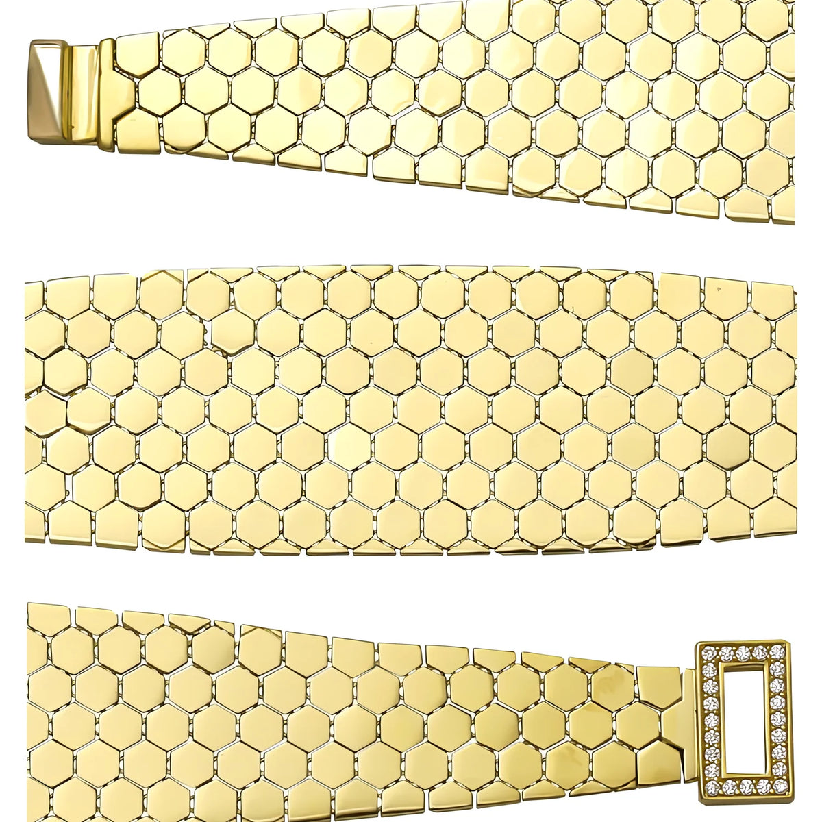 Solid gold honeycomb bracelet, 25.00 g — shown in three rows across the frame.