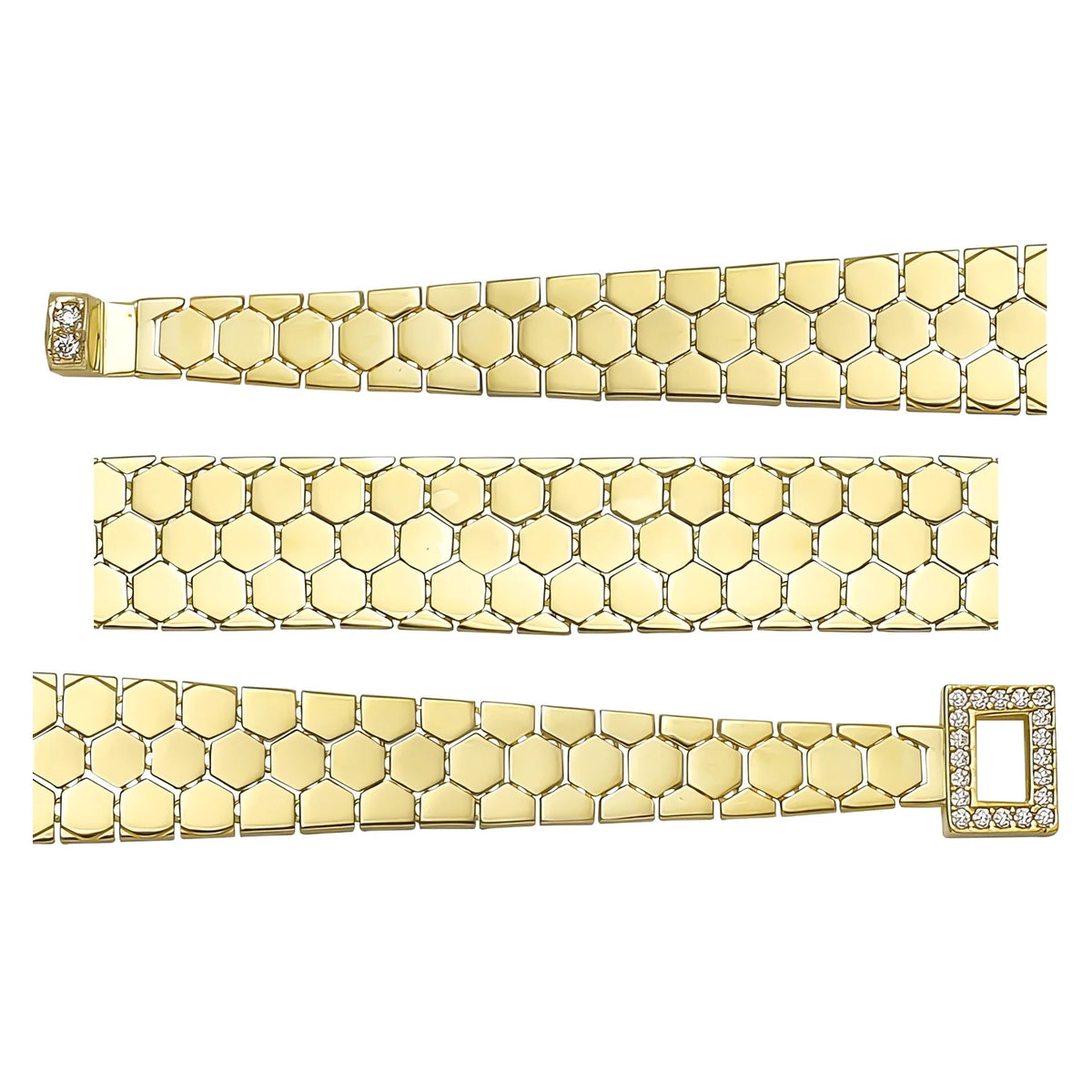 Solid gold honeycomb bracelet, 11.10 g — shown in three rows across the frame.