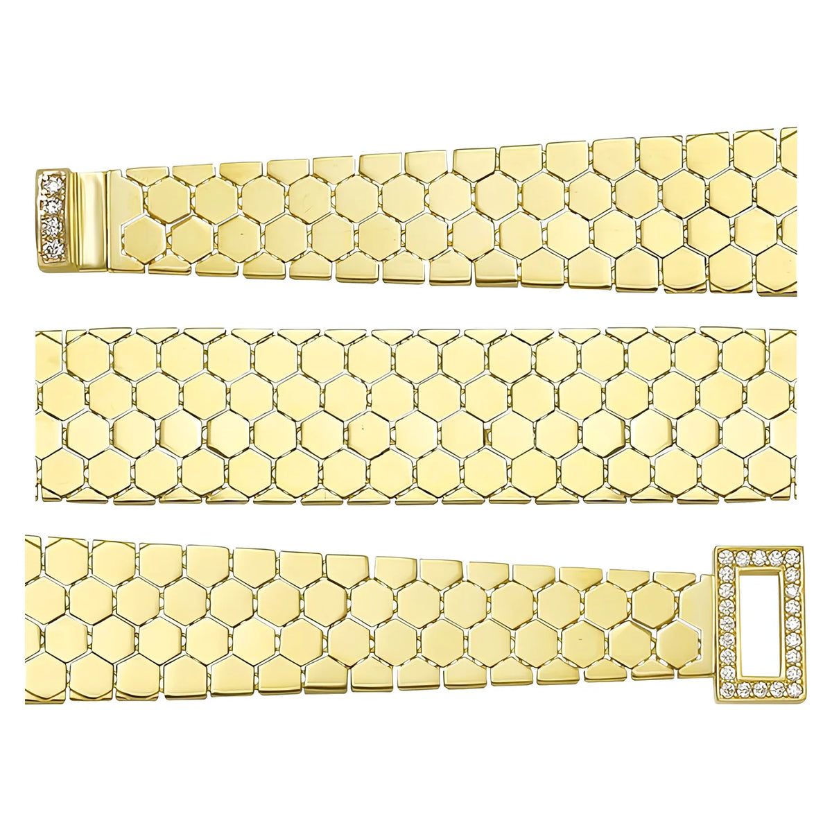 Solid gold honeycomb bracelet, 17.30 g — shown in three rows across the frame.
