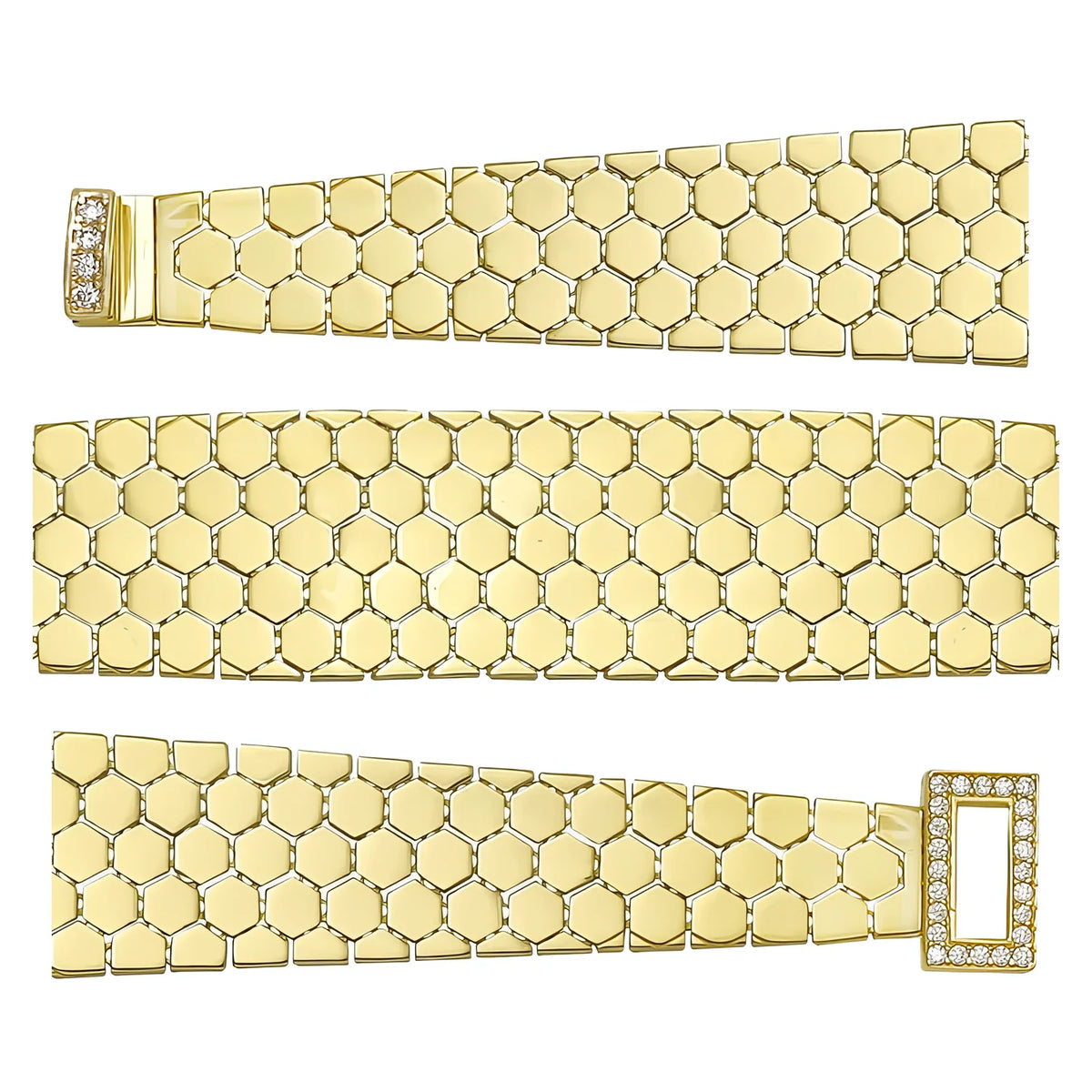 Solid gold honeycomb bracelet, 19.50 g — shown in three rows across the frame.