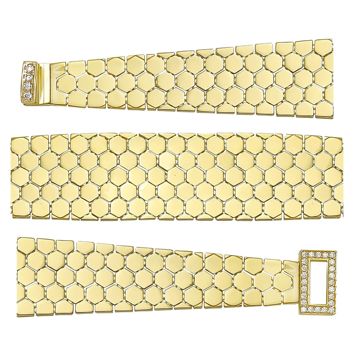 Solid gold honeycomb bracelet, 19.50 g — shown in three rows across the frame.