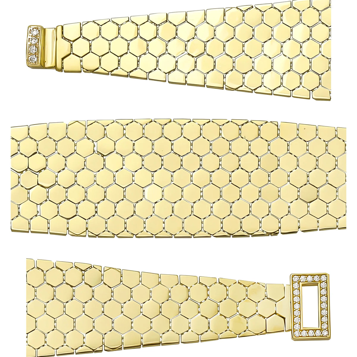 Solid gold honeycomb bracelet, 25.15 g — shown in three rows across the frame.