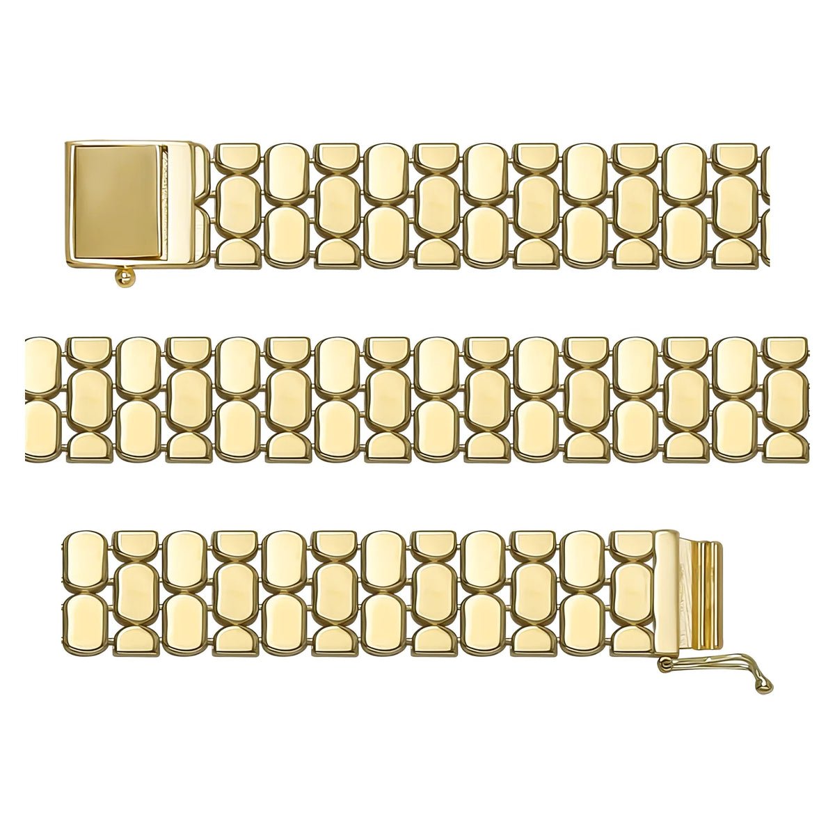 Solid gold brick link bracelet, 15.00 g — shown in three rows across the frame.
