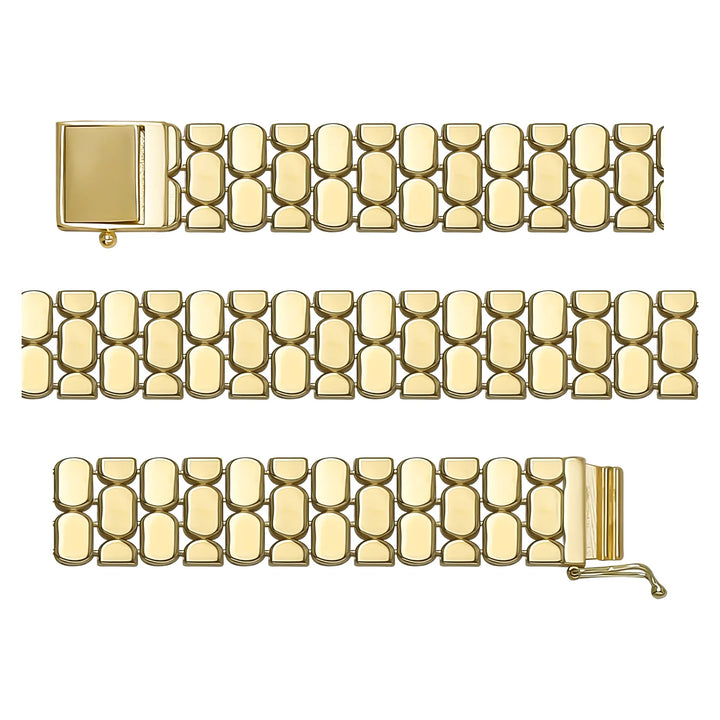 Solid gold brick link bracelet, 15.00 g — shown in three rows across the frame.