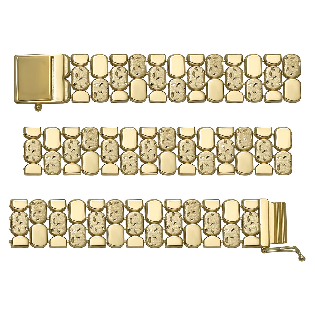 Solid gold brick link bracelet, 14.90 g — shown in three rows across the frame.
