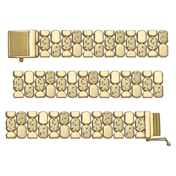 Solid gold brick link bracelet, 14.90 g — shown in three rows across the frame.
