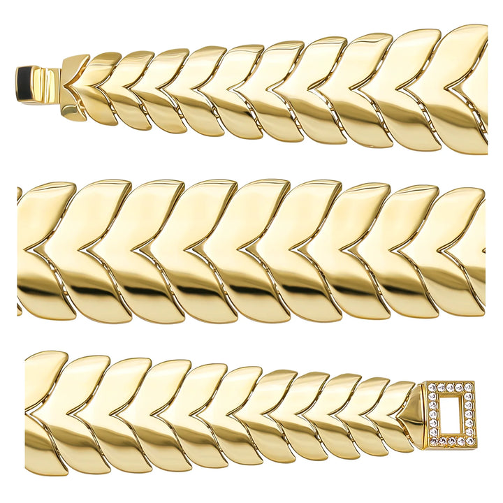 Solid gold herringbone bracelet, 29.35 g — shown in three rows across the frame.