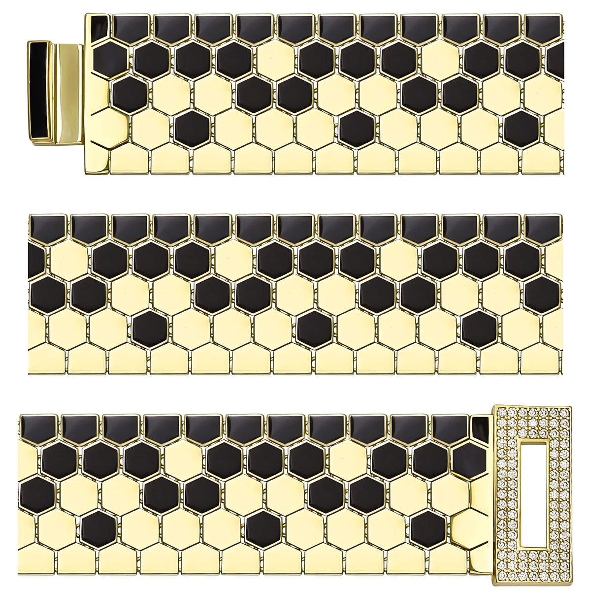 Solid gold honeycomb bracelet, 34.56 g — shown in three rows across the frame.