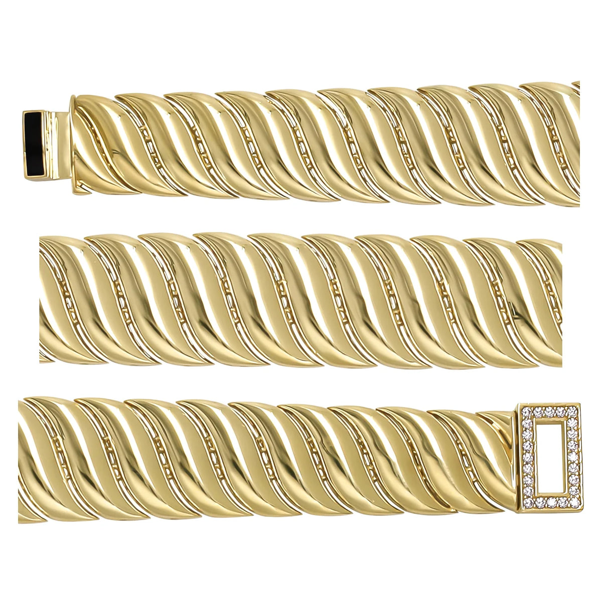 Solid gold braided bracelet, 22.75 g — shown in three rows across the frame.