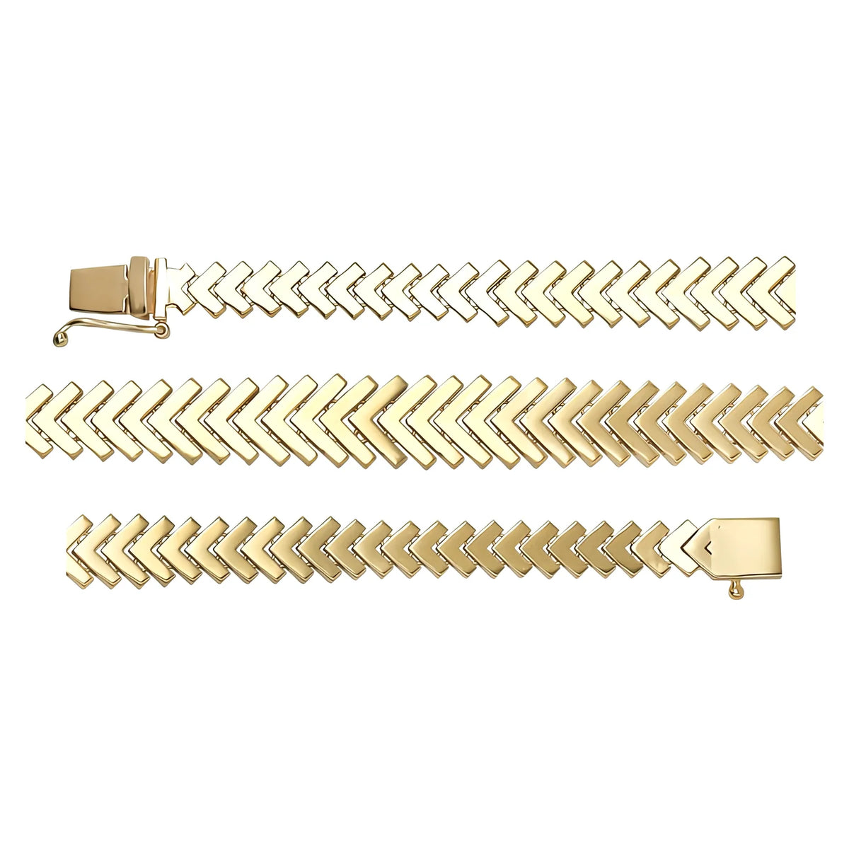 Solid gold herringbone bracelet, 11.40 g — shown in three rows across the frame.