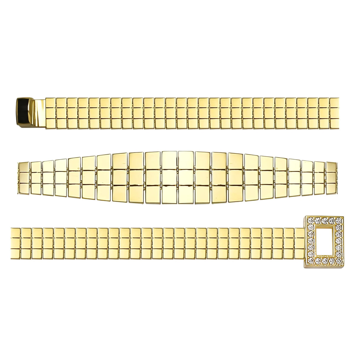 Solid gold brick link bracelet, 7.60 g — shown in three rows across the frame.