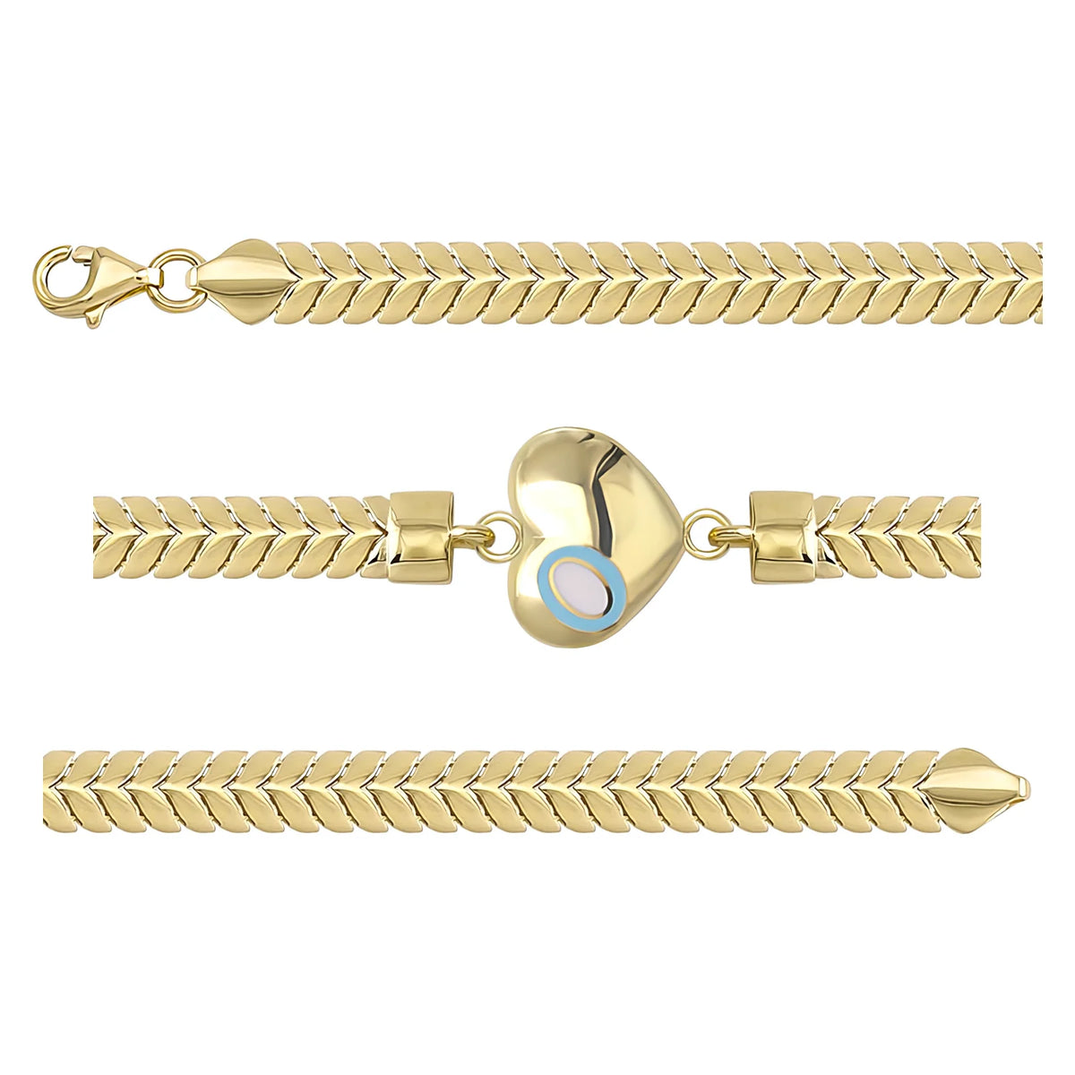 Solid gold herringbone bracelet, 7.50 g — shown in three rows across the frame.