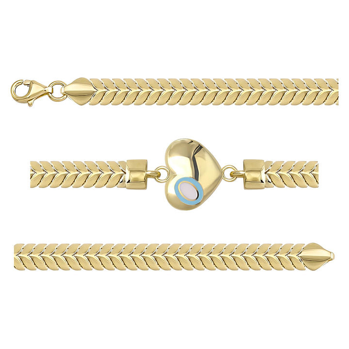 Solid gold herringbone bracelet, 7.50 g — shown in three rows across the frame.