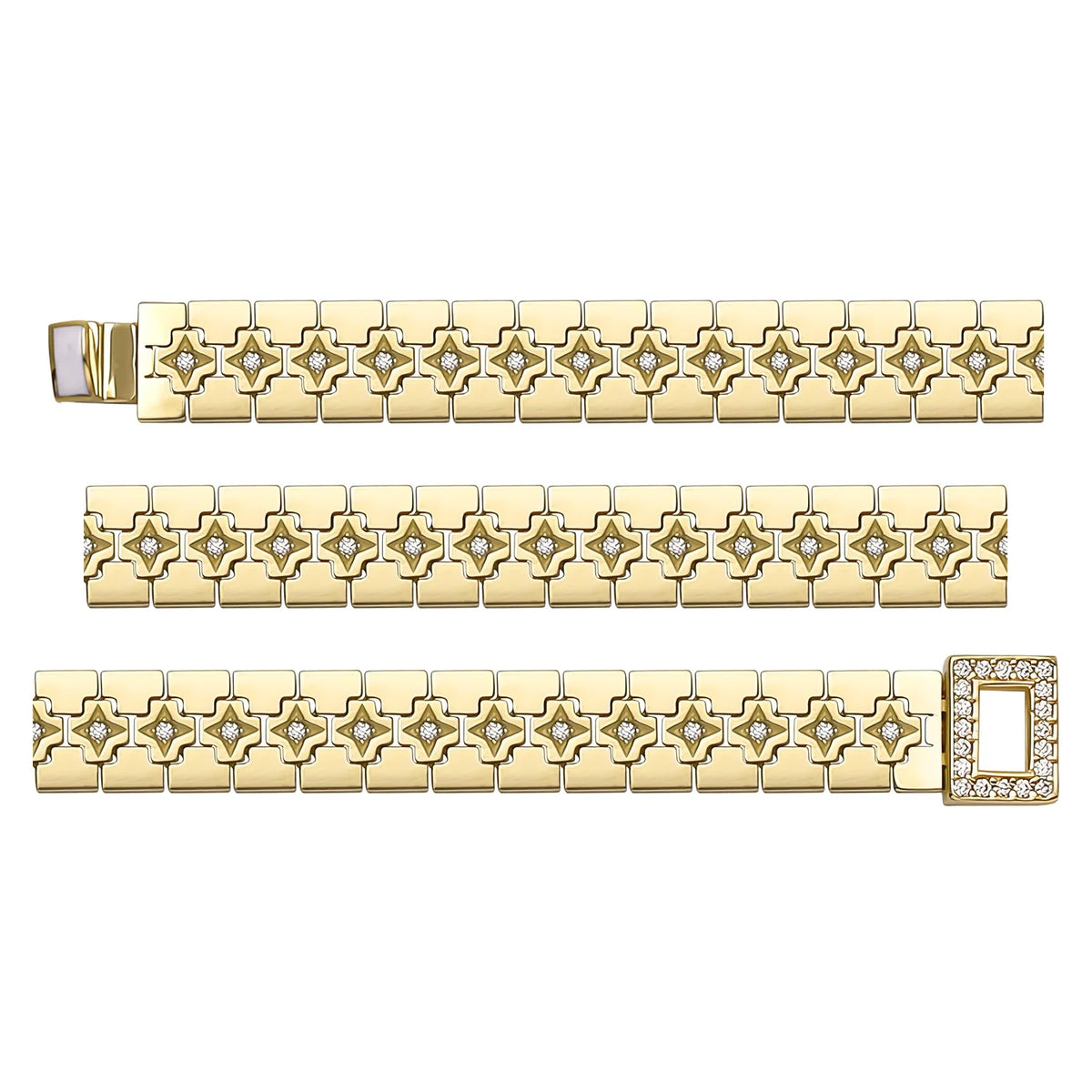 Solid gold fancy link bracelet, 11.50 g — shown in three rows across the frame.